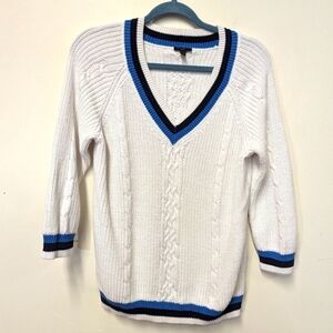 TALBOTS Preppy Collegiate White Cotton Sweater with Double Blue Banding L Tennis